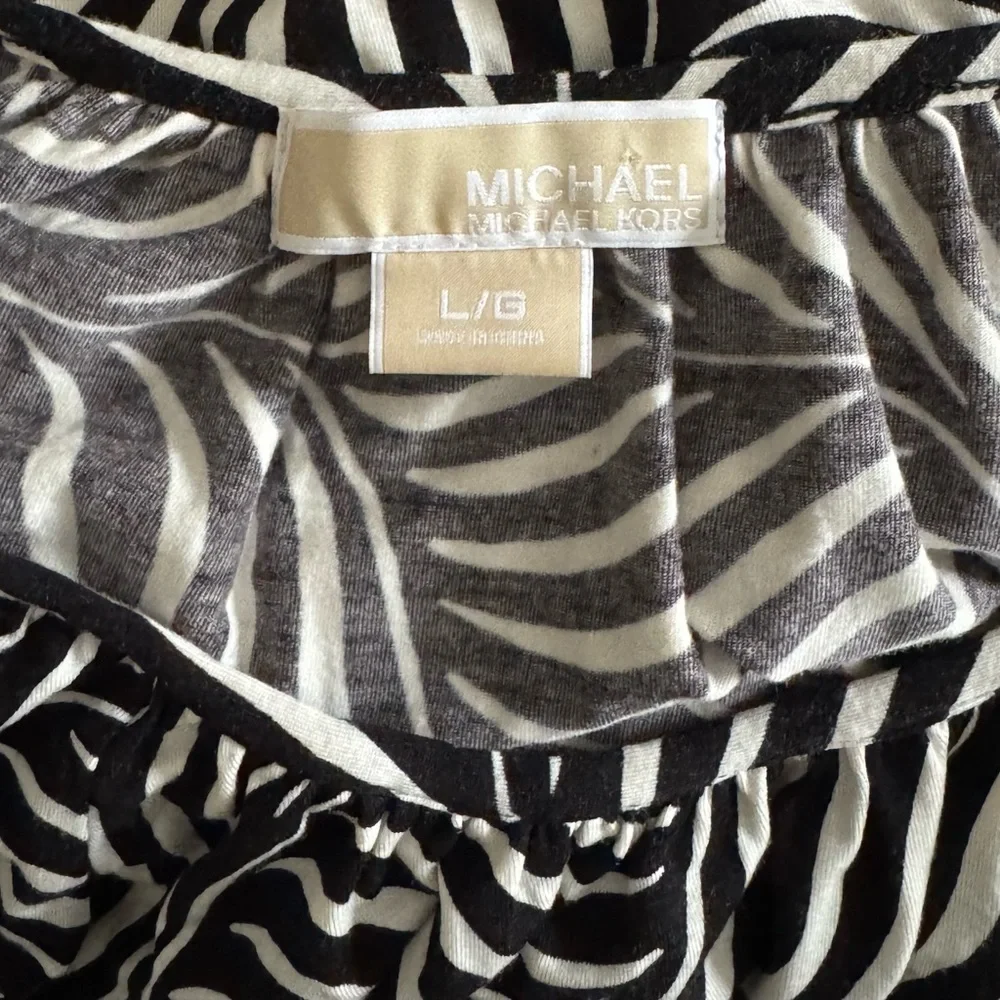 Michael Kors Ruched Round Neck Black White Zebra Print Long Sleeve Soft Blouse L